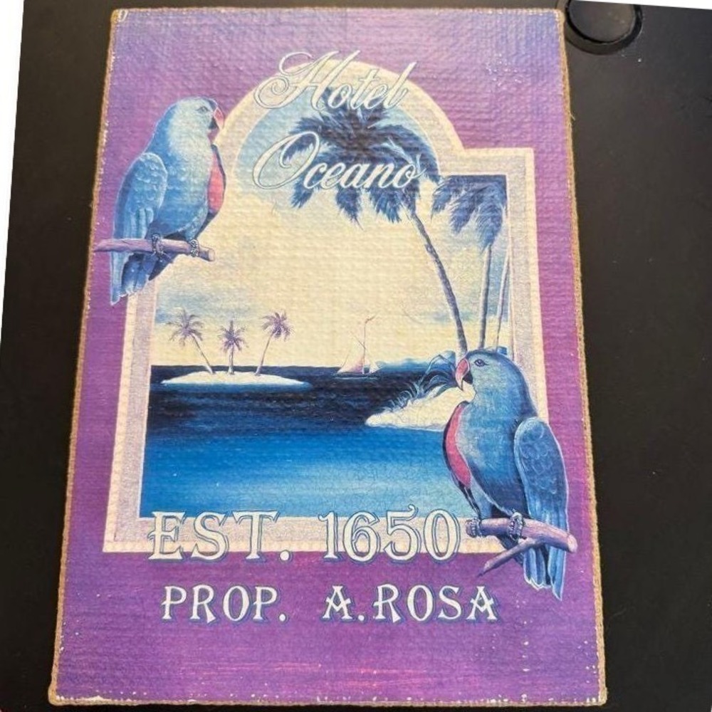 Vintage Style Hotel Oceano Tropical Parrot Burlap Wall Art Coastal Decor Sign